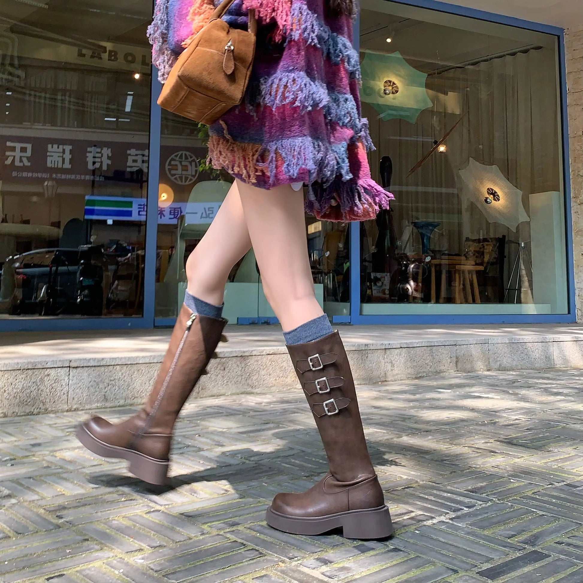 Cowhide Leather Knee-High Riding Boots — Women’s Warm Winter Heels with Belt Buckle - Ghoddosh