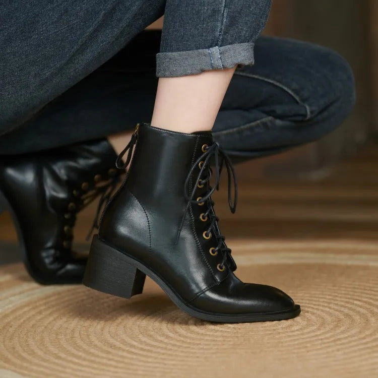 New  Split Leather Women  Round Toe  Chunky Heels Boots - Ghoddosh