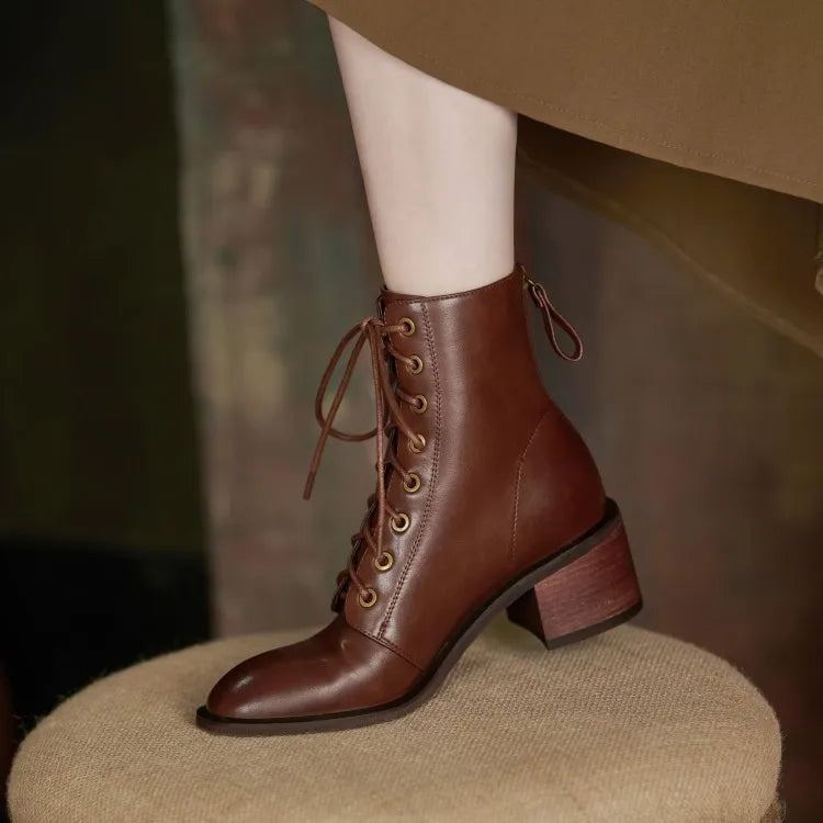 New  Split Leather Women  Round Toe  Chunky Heels Boots - Ghoddosh