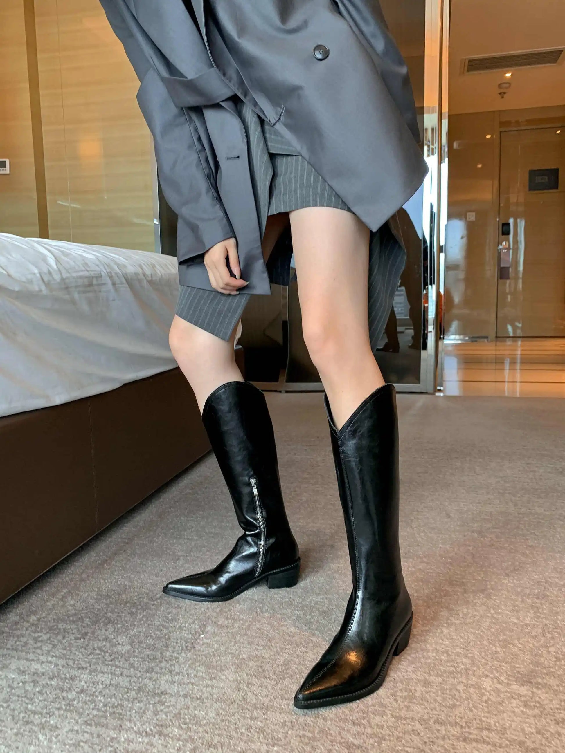 New Arrival Chic Cow Leather  Pointed Toe Riding Boots - Ghoddosh