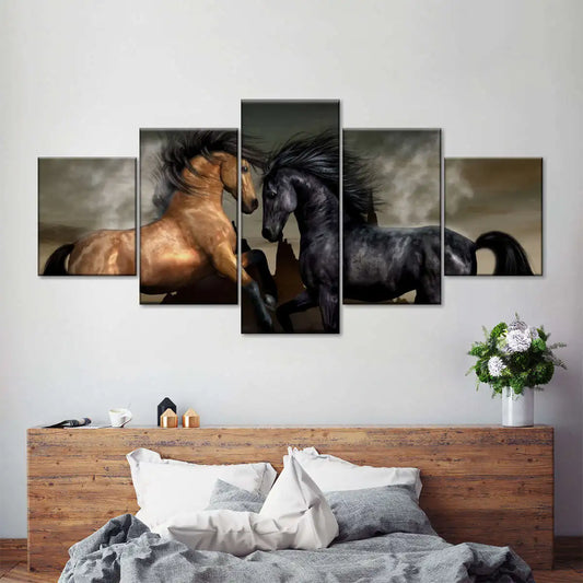 5 Panel Clashing Wild Running Horses Wall Art  Canvas Décor