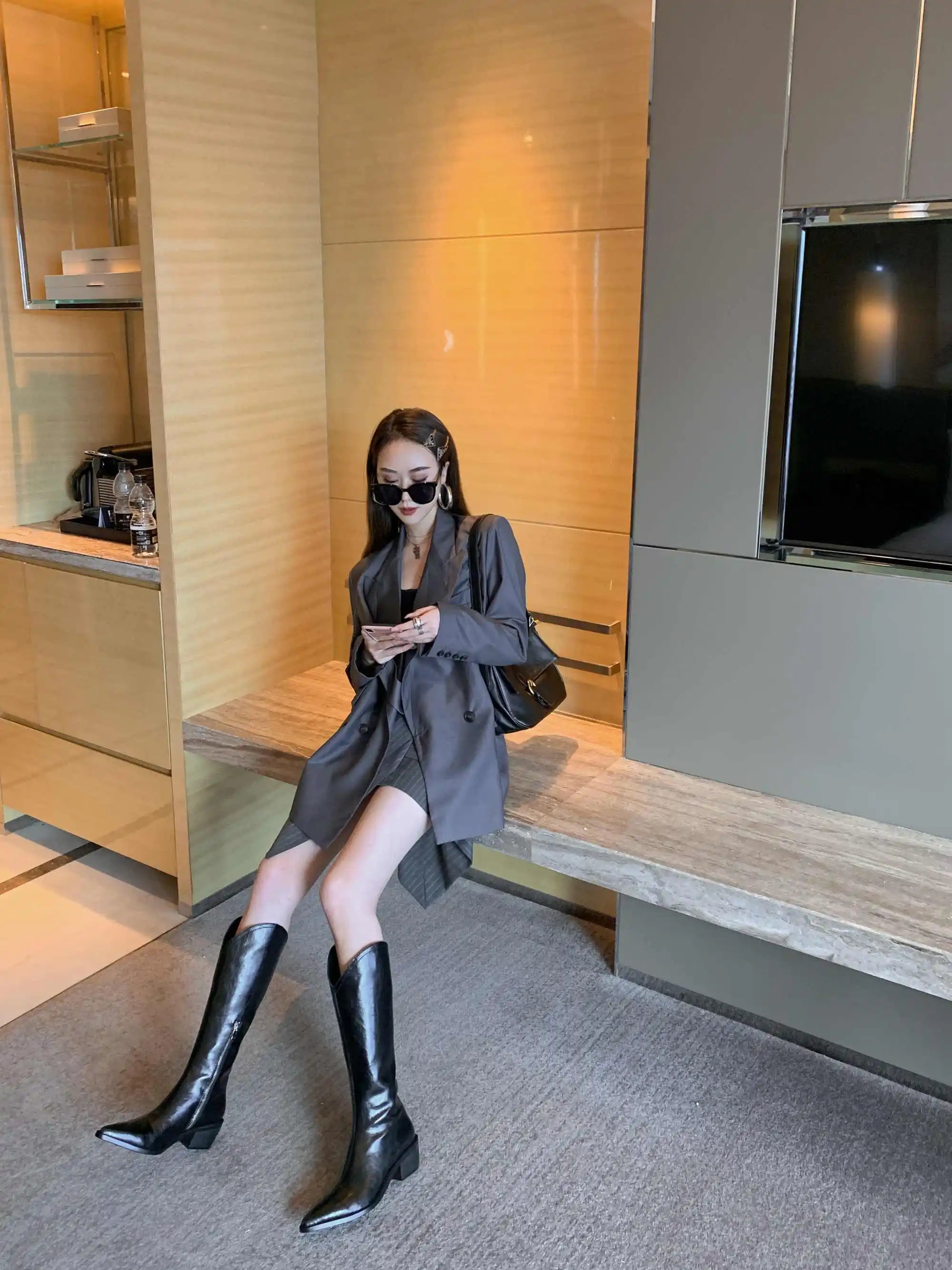 New Arrival Chic Cow Leather  Pointed Toe Riding Boots - Ghoddosh