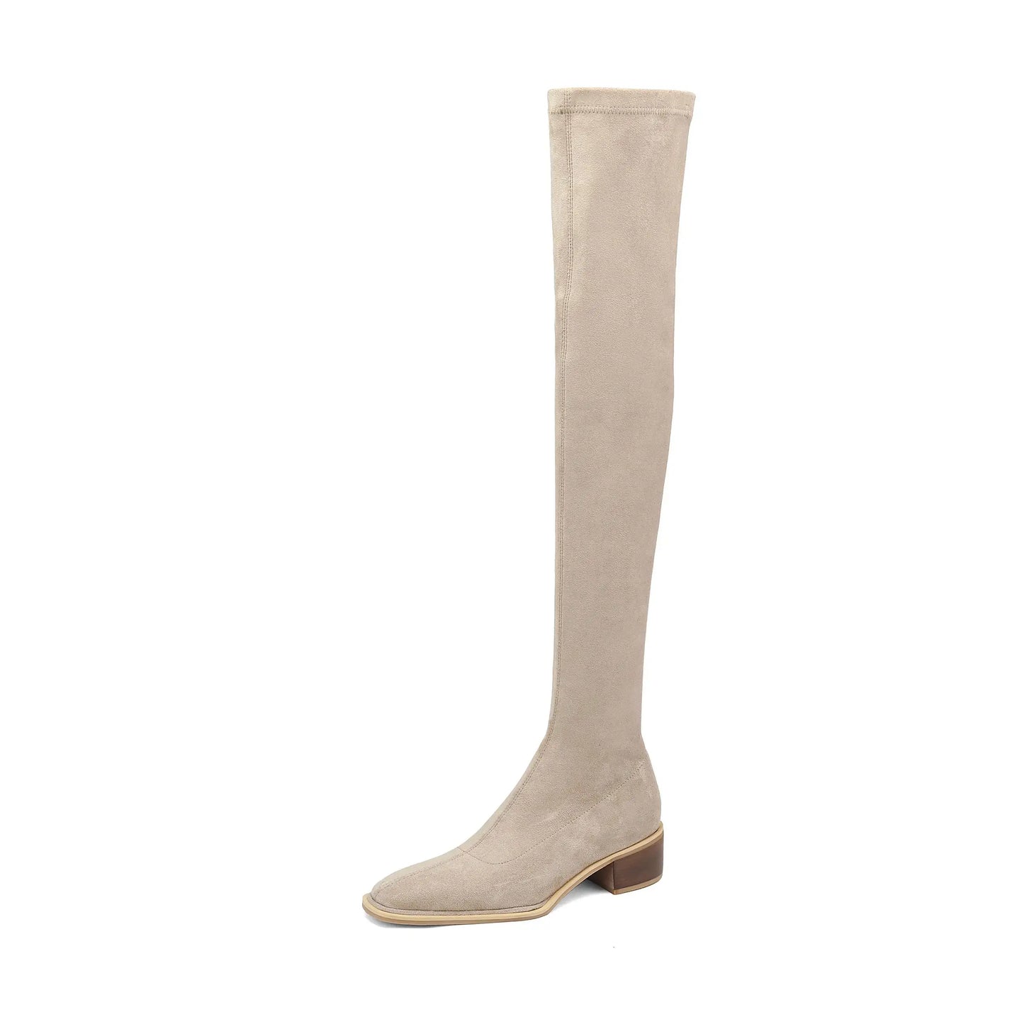 English Style Med Heels Thin Leg Square Toe   , New Stretch Slip on Over-the-knee Boots - Ghoddosh