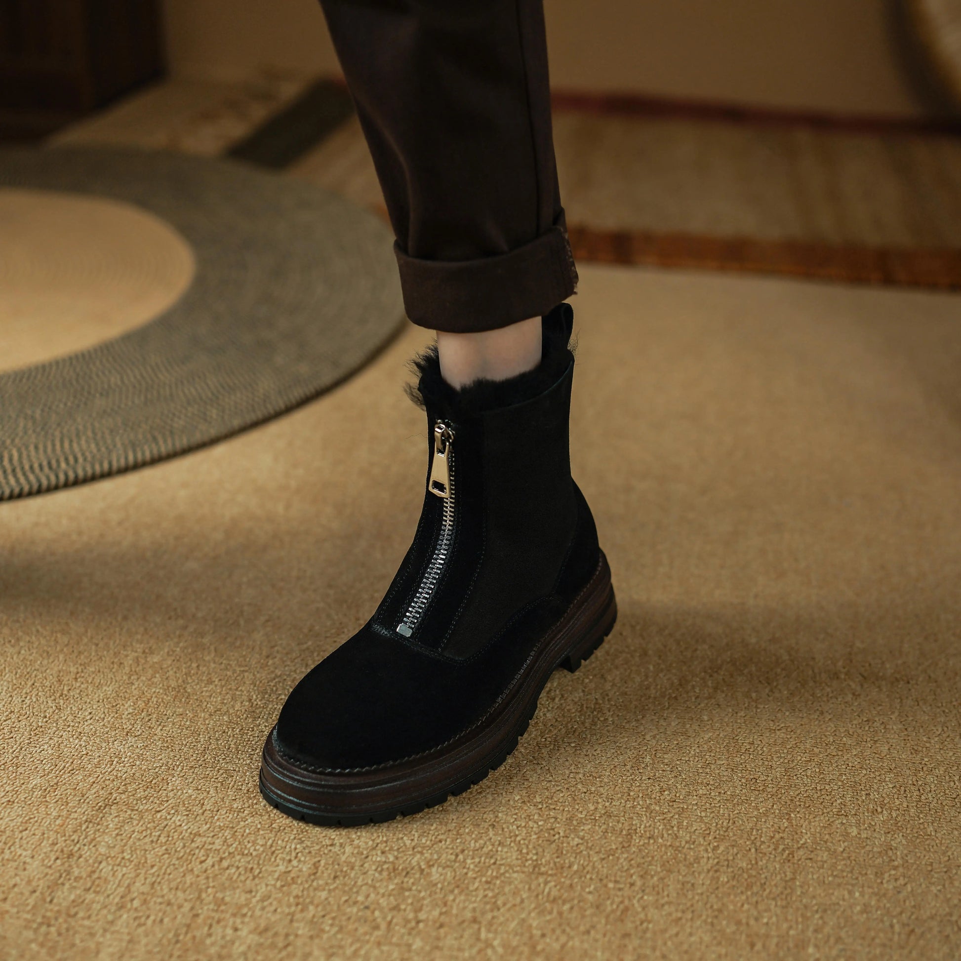Cow Suede Round-Toe Winter Ankle Boots with Thick Fur Lining, Mid Heel with Front Zipper - Ghoddosh