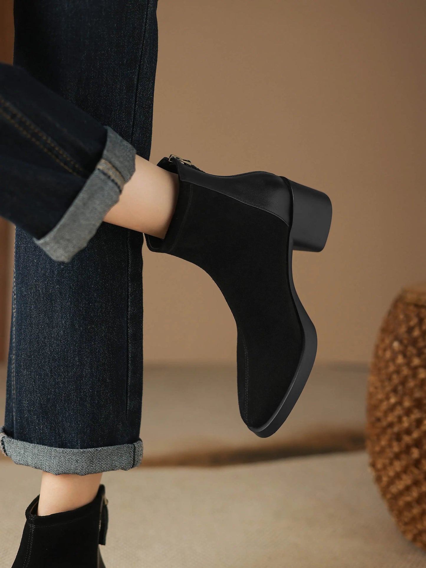 Premium Equestrian Suede Ankle Boots — Plus Sizes 34–43, Square Toe Mid Heels, Warm Winter Comfort - Ghoddosh
