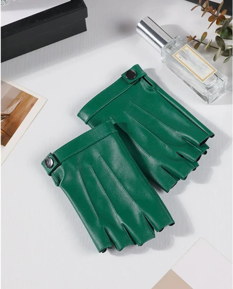 Women PU Leather Fingerless Gloves  Half Finger Outdoor Tactical Leather Gloves . Ghoddosh