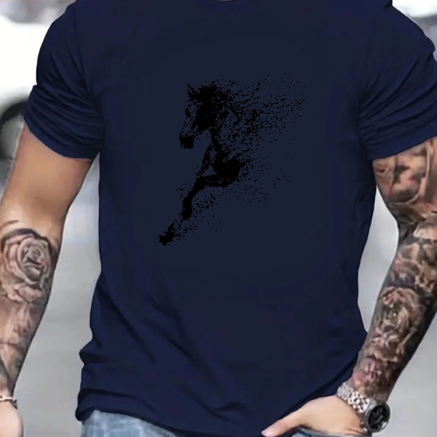 Men's Cotton Fashionable Casual Loose Large Black Horse Printed Pattern Short Sleeve T-shirt - Ghoddosh