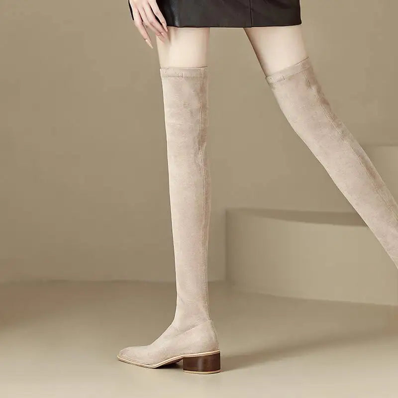 English Style Med Heels Thin Leg Square Toe   , New Stretch Slip on Over-the-knee Boots - Ghoddosh
