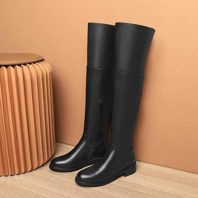 Black Classic Over‑the‑Knee Boots — Cow Leather, Mid Heel, Simple Daily Style - Ghoddosh
