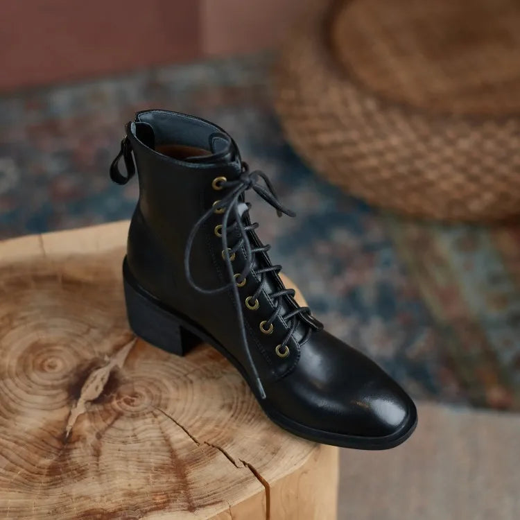 New  Split Leather Women  Round Toe  Chunky Heels Boots - Ghoddosh