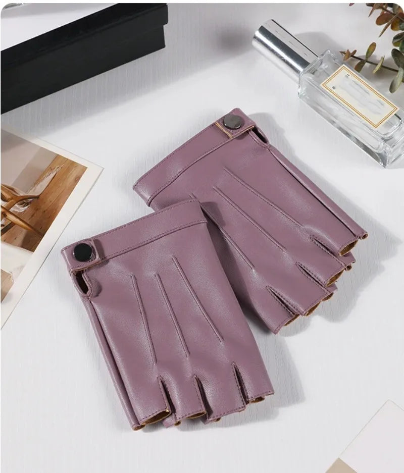 Women PU Leather Fingerless Gloves  Half Finger Outdoor Tactical Leather Gloves . Ghoddosh