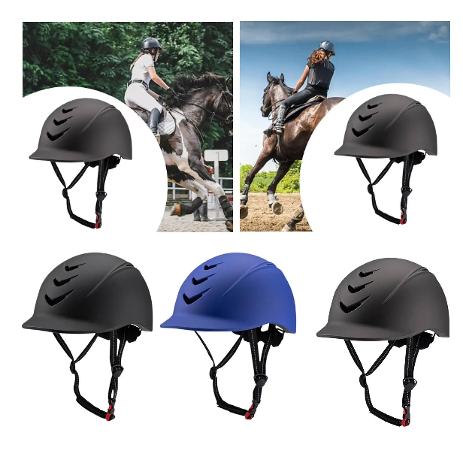 Equestrian helmets shown with riders on horses and a blue helmet. Ghoddosh