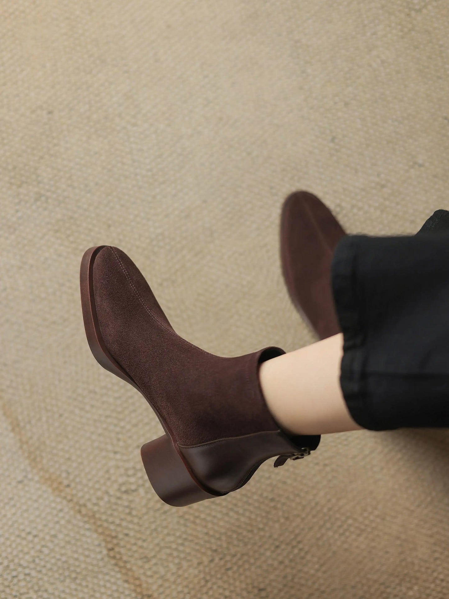 Premium Equestrian Suede Ankle Boots — Plus Sizes 34–43, Square Toe Mid Heels, Warm Winter Comfort - Ghoddosh