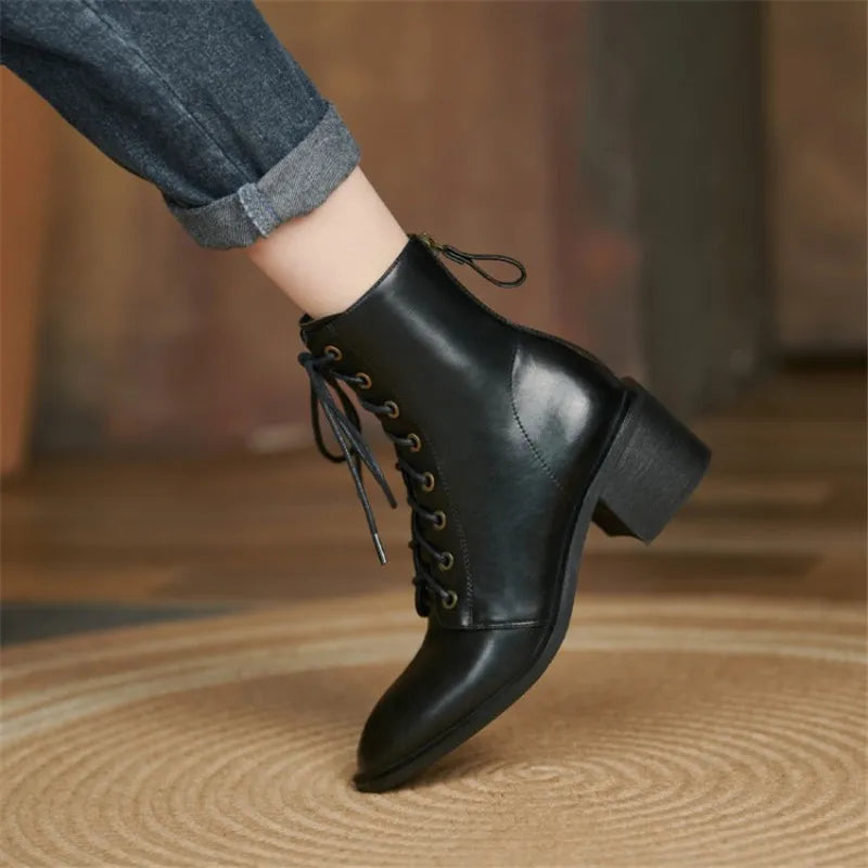 New  Split Leather Women  Round Toe  Chunky Heels Boots - Ghoddosh