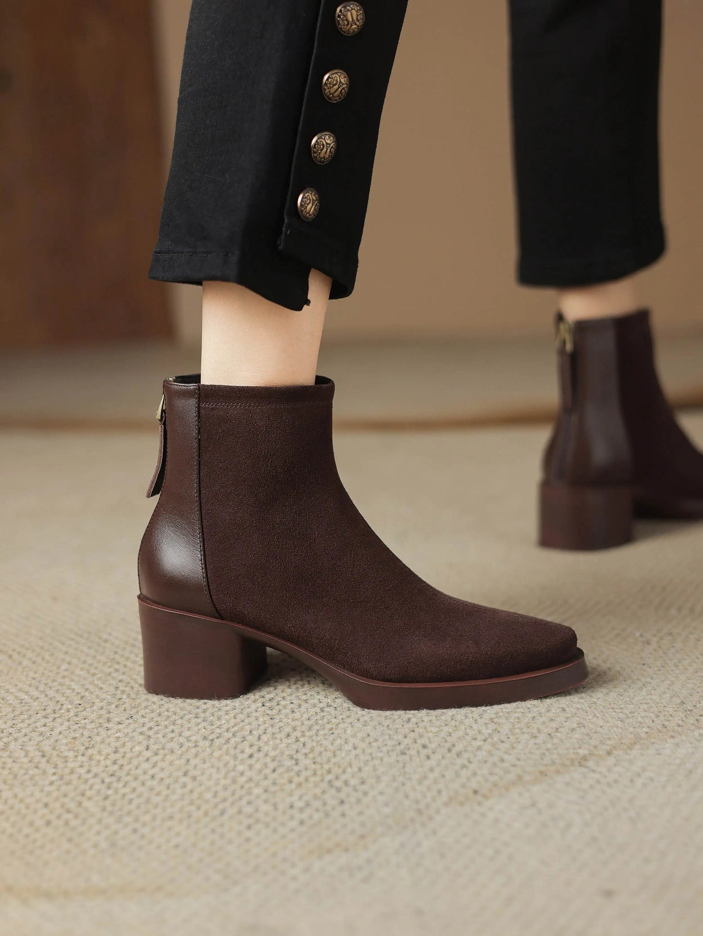 Premium Equestrian Suede Ankle Boots — Plus Sizes 34–43, Square Toe Mid Heels, Warm Winter Comfort - Ghoddosh