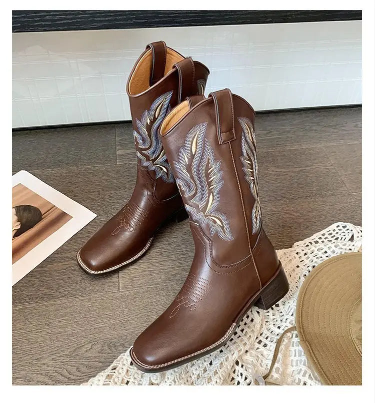 Embroidered brown cowboy boots — square toe and chunky mid-calf heel. - Ghoddosh