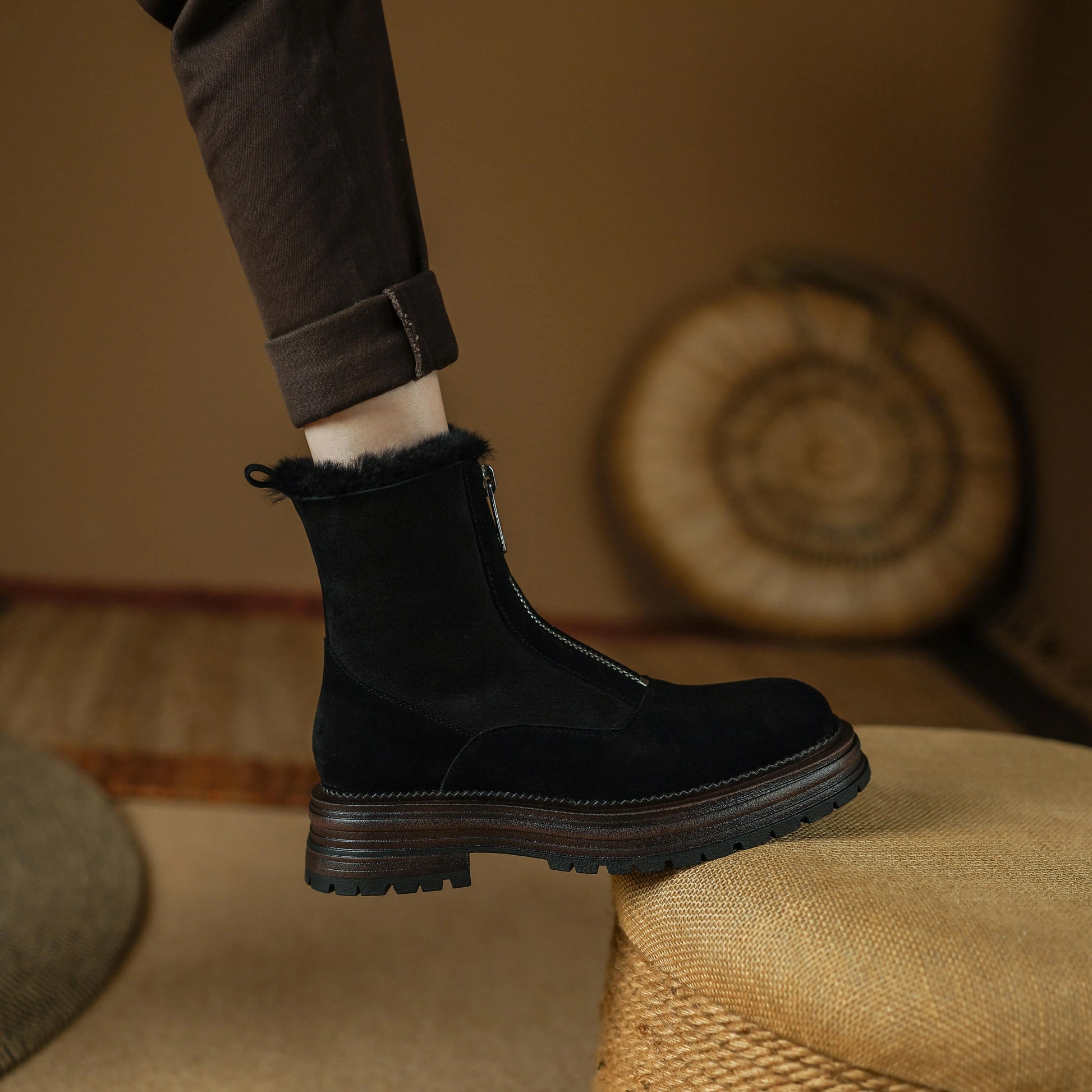 Cow Suede Round-Toe Winter Ankle Boots with Thick Fur Lining, Mid Heel with Front Zipper - Ghoddosh