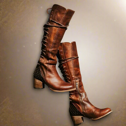 Vintage Cowboy Lace Up Boots Gladiator Round Toe Cross Tied Chunky Heels - Ghoddosh