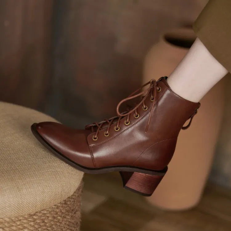 New  Split Leather Women  Round Toe  Chunky Heels Boots - Ghoddosh