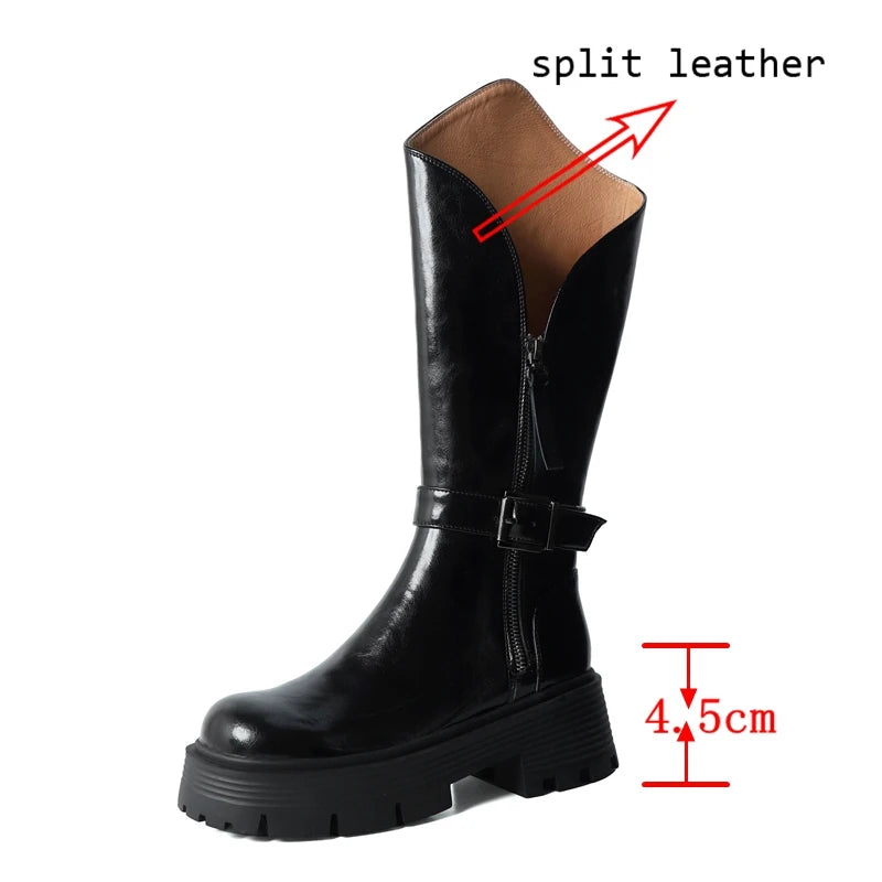 Handmade Full Grain Leather Round Toe Med Riding Heels / Long Boots Platform Deign Boots - Ghoddosh