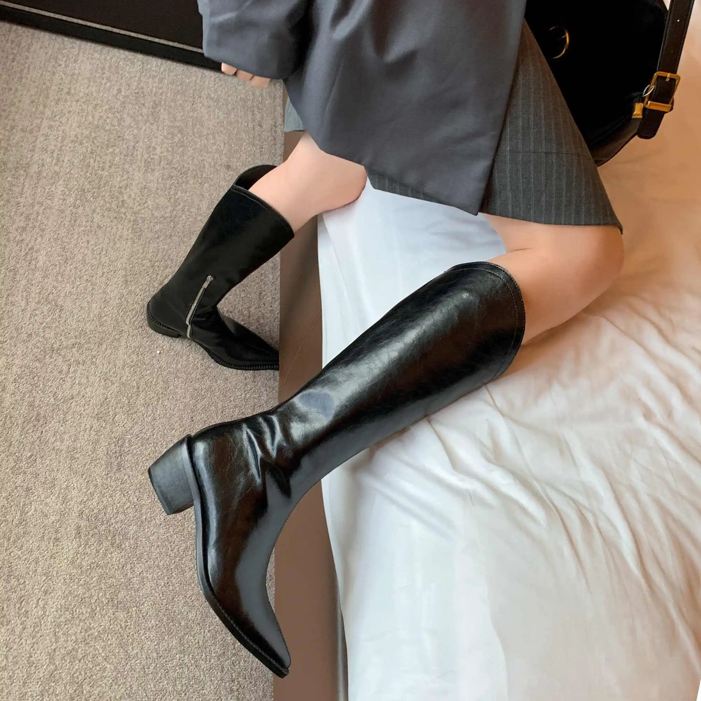 New Arrival Chic Cow Leather Pointed Toe Riding Boots - Ghoddosh