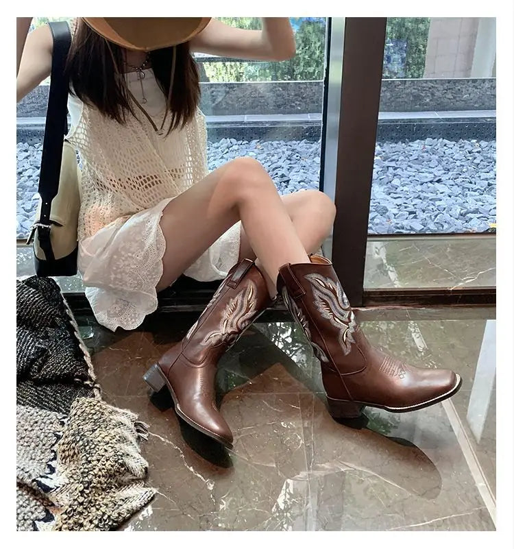 Embroidered brown cowboy boots — square toe and chunky mid-calf heel. - Ghoddosh