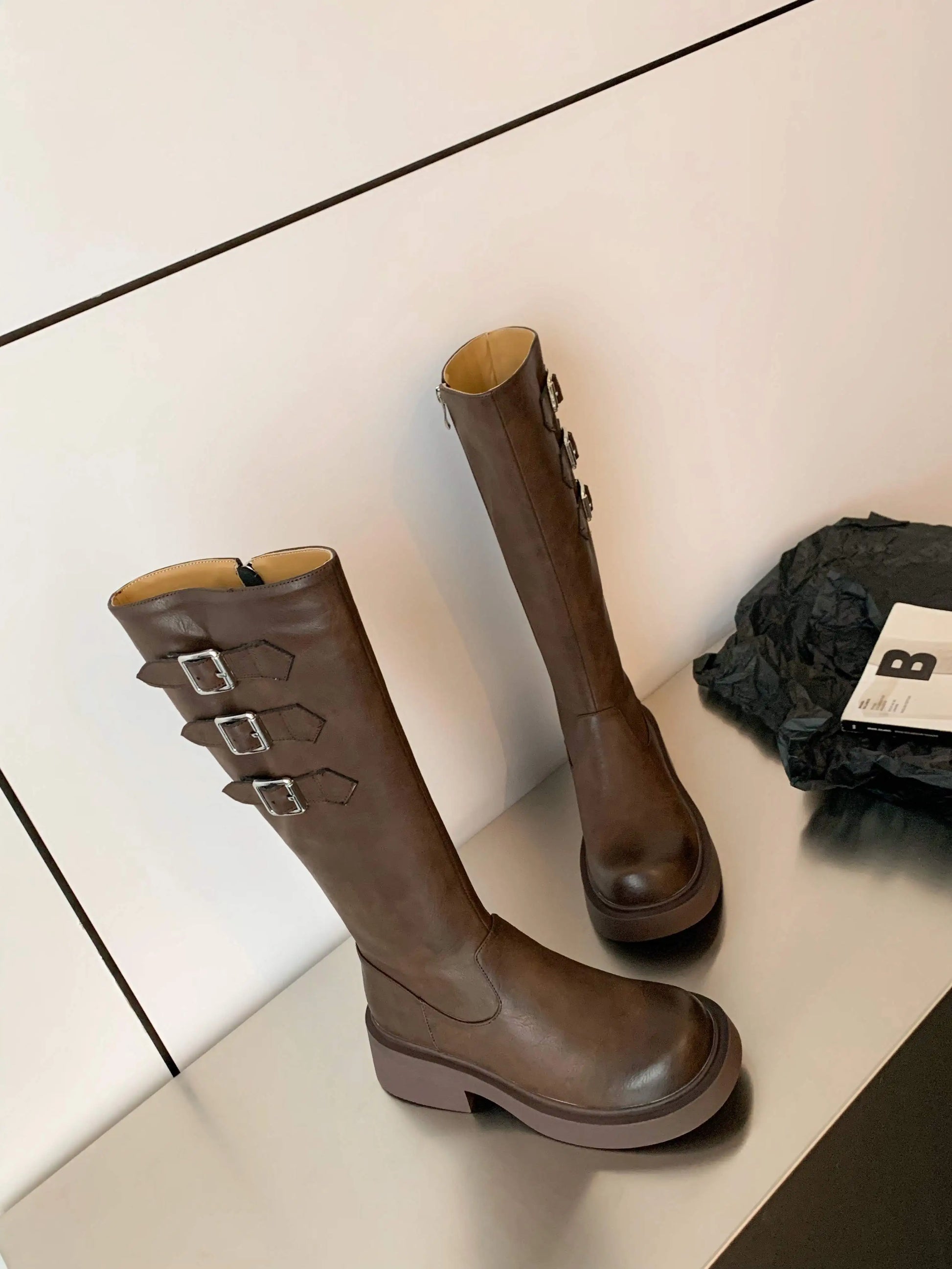 Cowhide Leather Knee-High Riding Boots — Women’s Warm Winter Heels with Belt Buckle - Ghoddosh