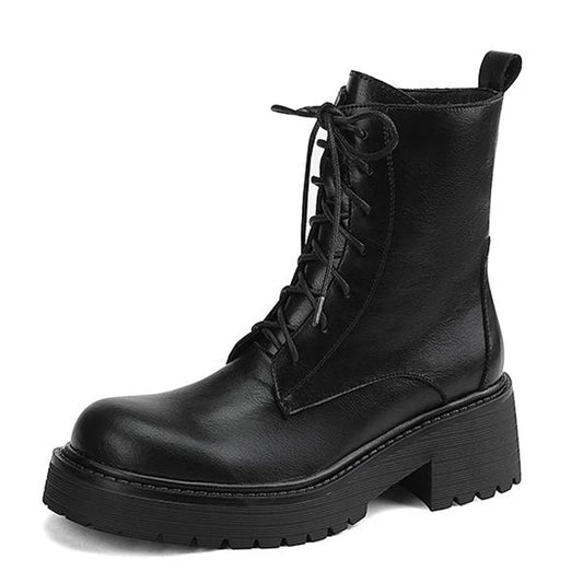 Genuine Leather Round Toe Thick High Heels Fashion Ankle Boots - Ghoddosh