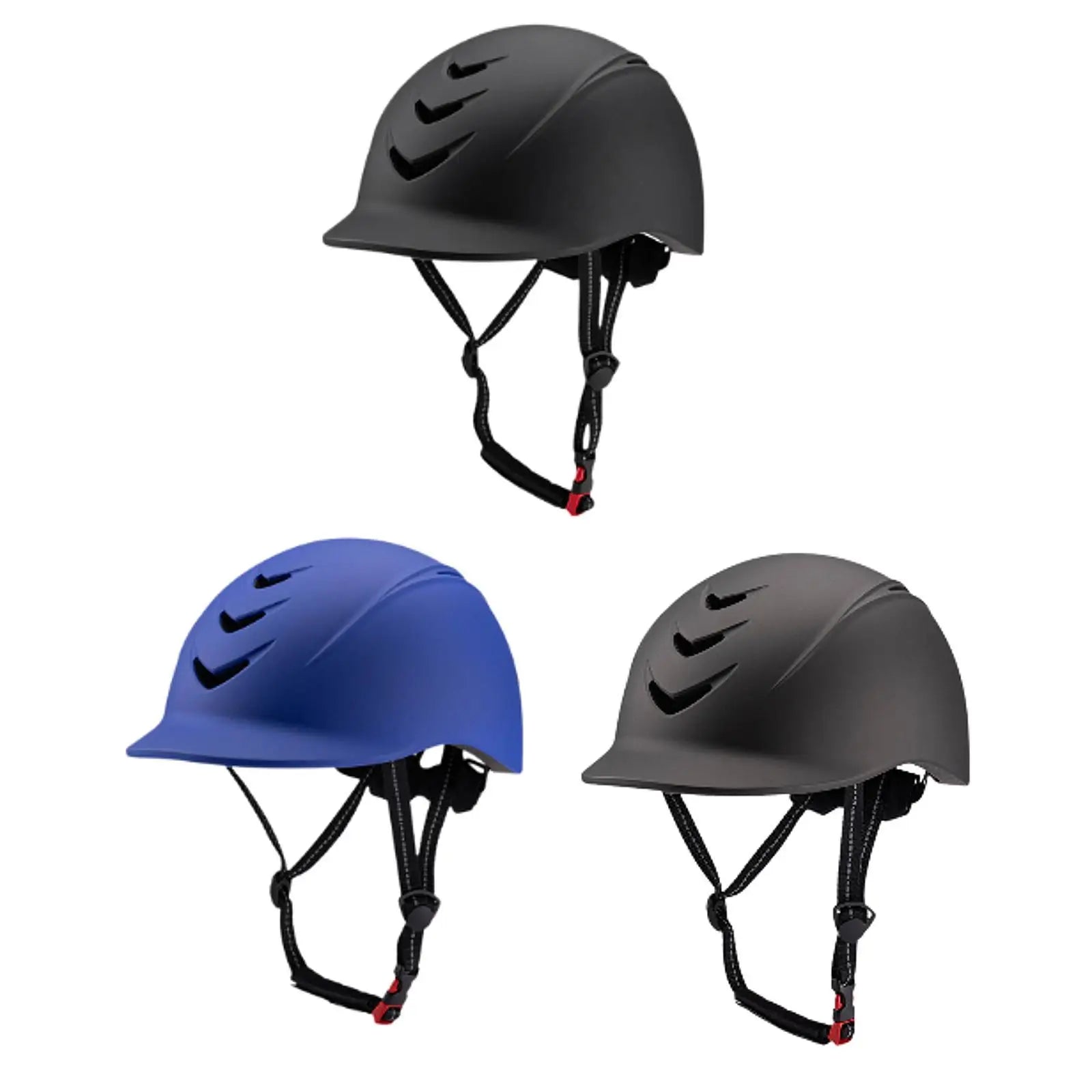 Three helmets in black, blue, and gray on a white background .Ghoddosh