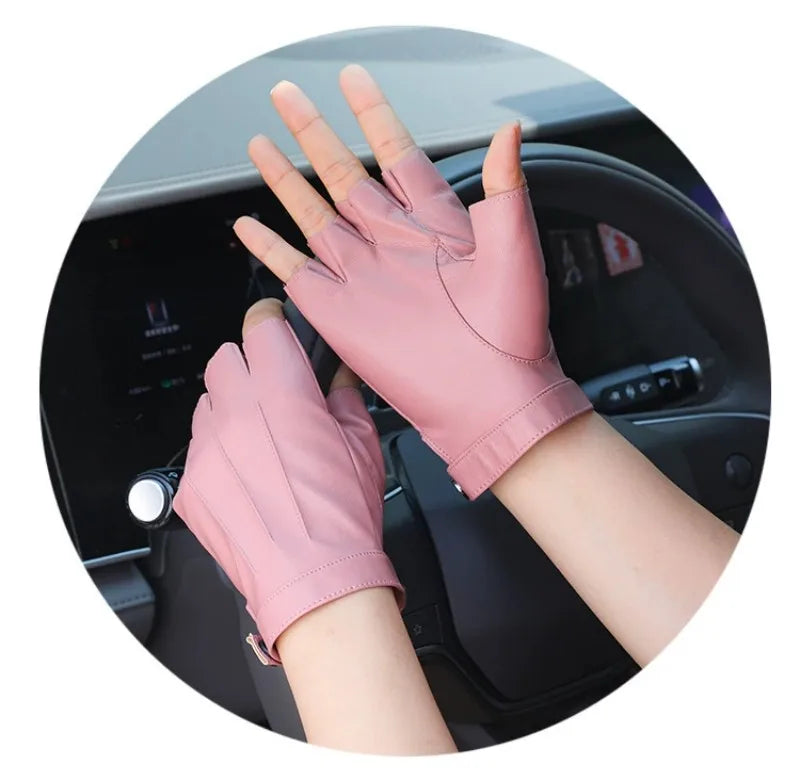 Women PU Leather Fingerless Gloves / Half Finger Outdoor Tactical Leather Gloves