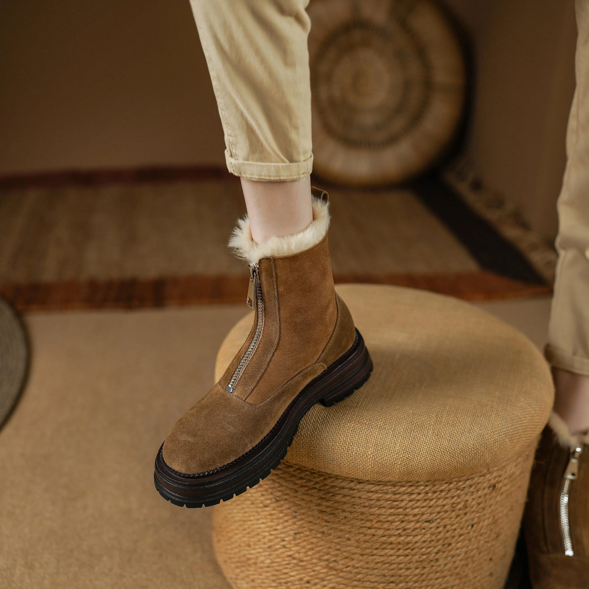 Cow Suede Round-Toe Winter Ankle Boots with Thick Fur Lining, Mid Heel with Front Zipper - Ghoddosh