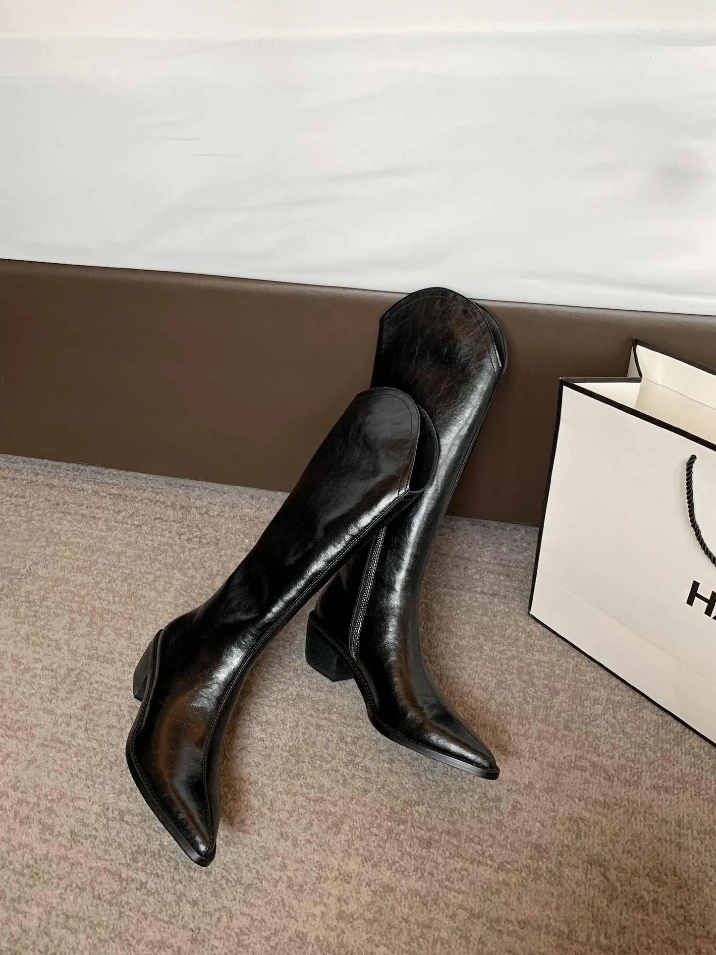 New Arrival Chic Cow Leather Pointed Toe Riding Boots - Ghoddosh