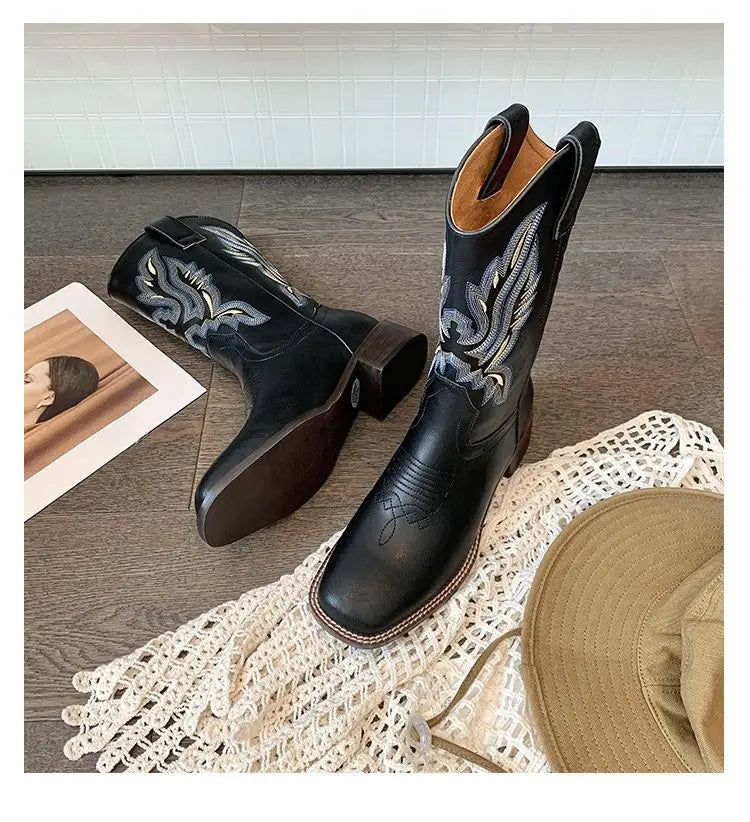 Embroidered brown cowboy boots — square toe and chunky mid-calf heel. - Ghoddosh