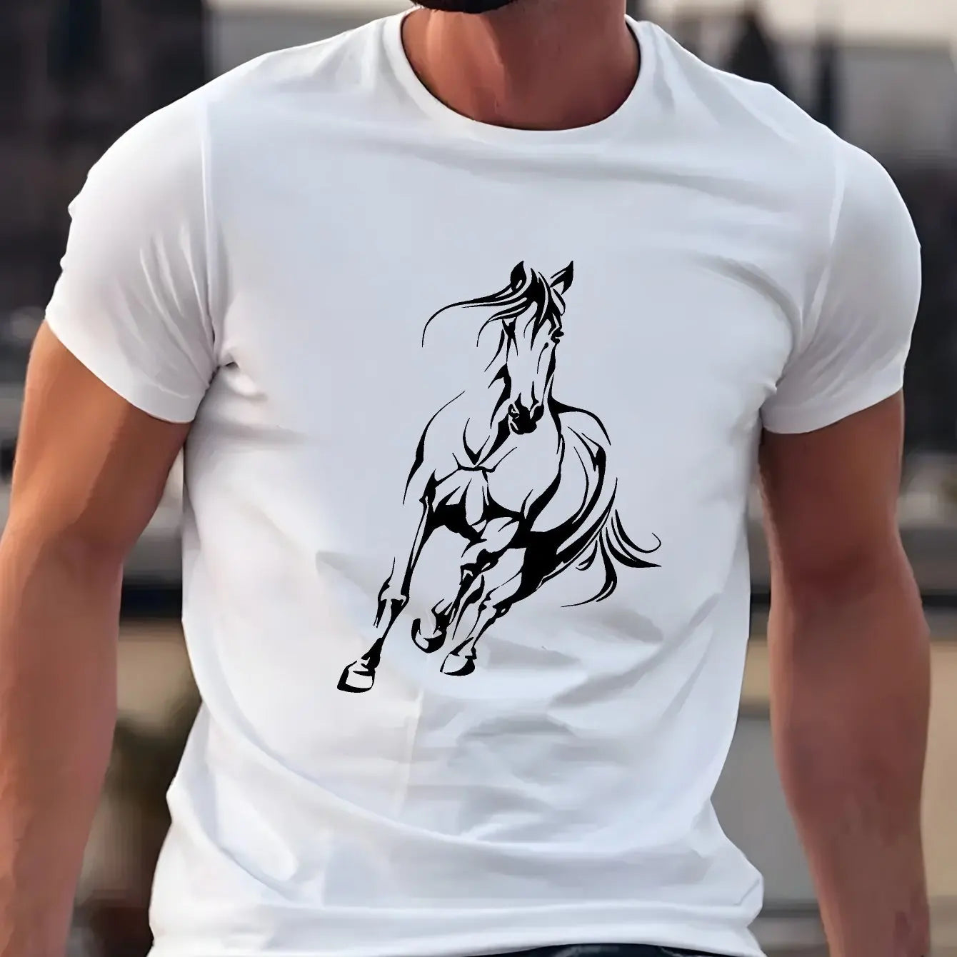 Men's  pure cotton fashionable casual  running horse pattern T- Shirt  - Ghoddosh