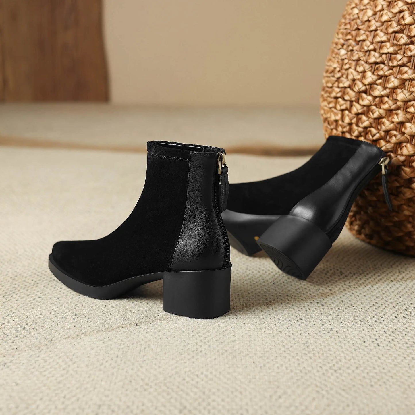 Premium Equestrian Suede Ankle Boots — Plus Sizes 34–43, Square Toe Mid Heels, Warm Winter Comfort - Ghoddosh