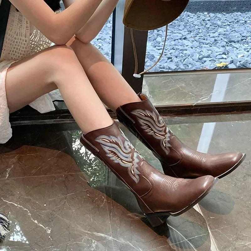 Embroidered brown cowboy boots — square toe and chunky mid-calf heel. - Ghoddosh