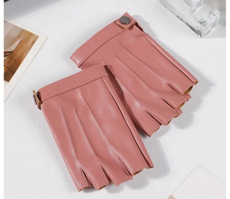 Women PU Leather Fingerless Gloves  Half Finger Outdoor Tactical Leather Gloves . Ghoddosh