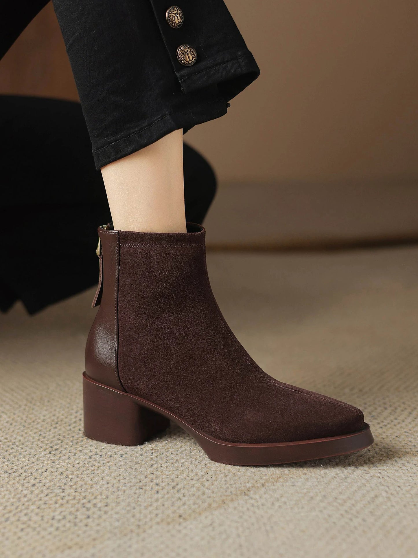 Premium Equestrian Suede Ankle Boots — Plus Sizes 34–43, Square Toe Mid Heels, Warm Winter Comfort - Ghoddosh