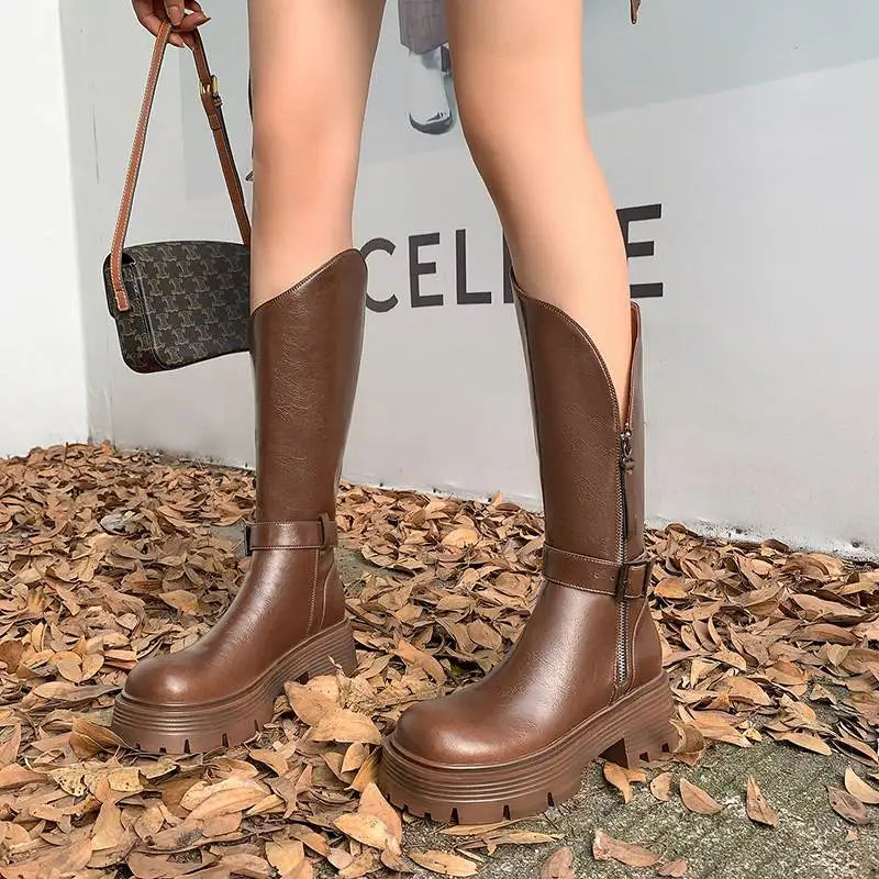 Handmade Full Grain Leather Round Toe Med Riding Heels / Long Boots Platform Deign Boots - Ghoddosh