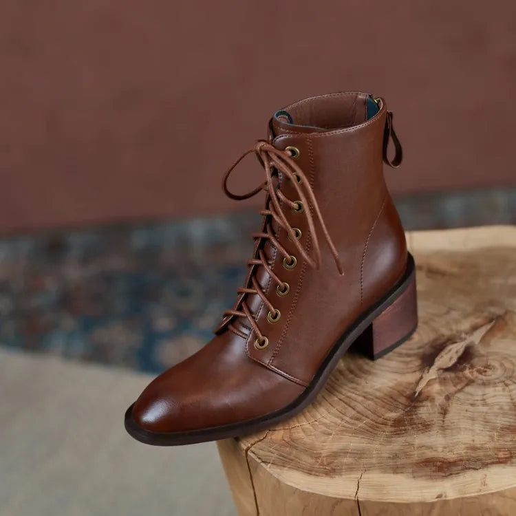 New  Split Leather Women  Round Toe  Chunky Heels Boots - Ghoddosh