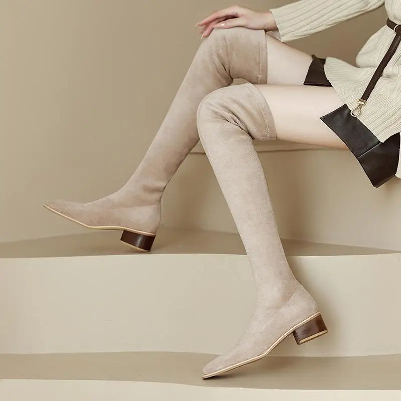 English Style Med Heels Thin Leg Square Toe   , New Stretch Slip on Over-the-knee Boots - Ghoddosh