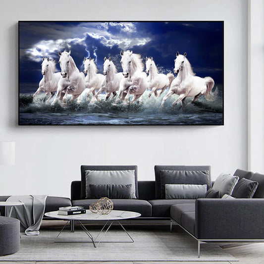 7 White Running Horses Canvas