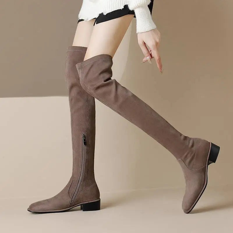 Elegant Modern Med Heels Square Toe Stretch Long Boots  , European Design Over-the-knee Boots - Ghoddosh