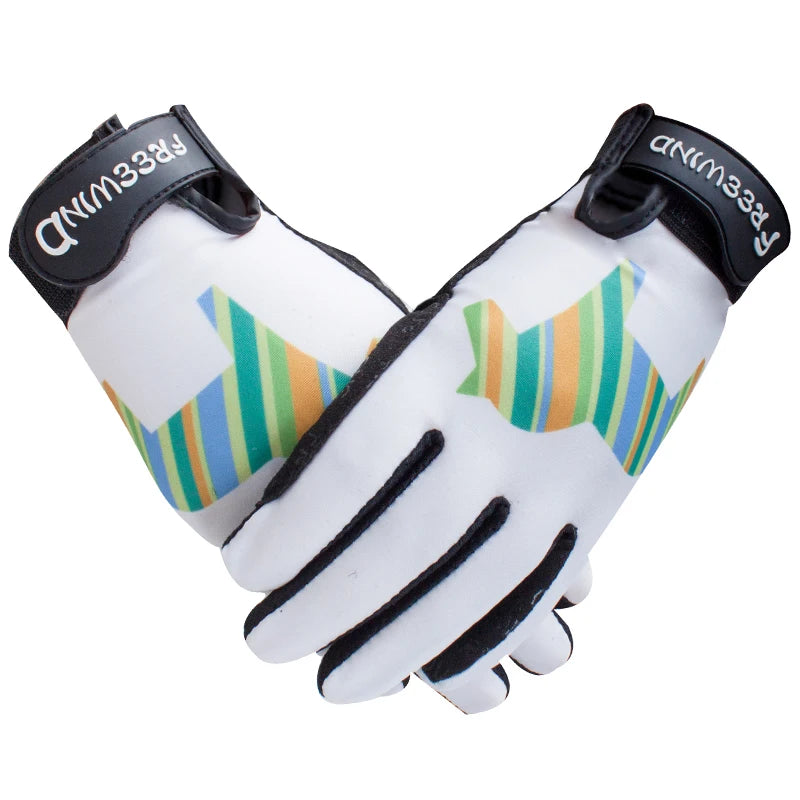 White gloves with colorful striped pattern and black accents on a white background .Ghoddosh