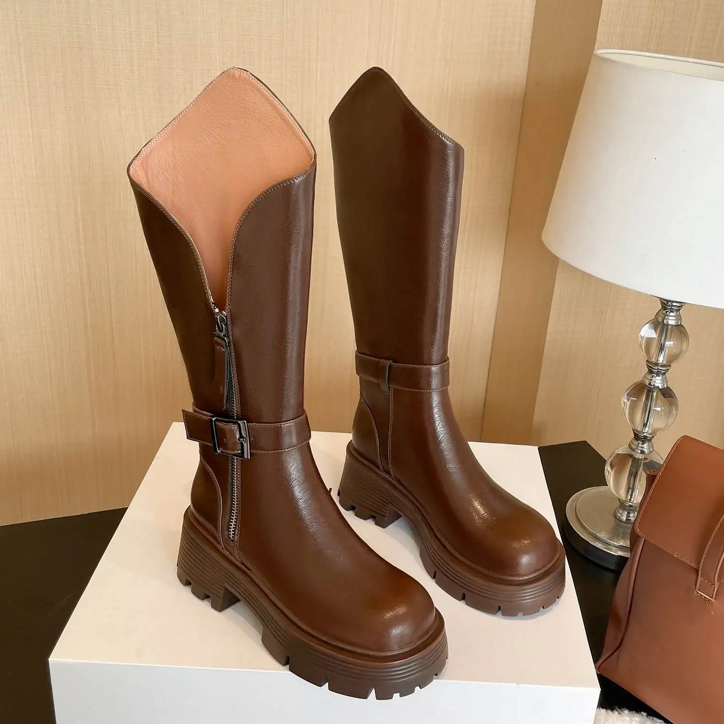 Handmade Full Grain Leather Round Toe Med Riding Heels / Long Boots Platform Deign Boots - Ghoddosh