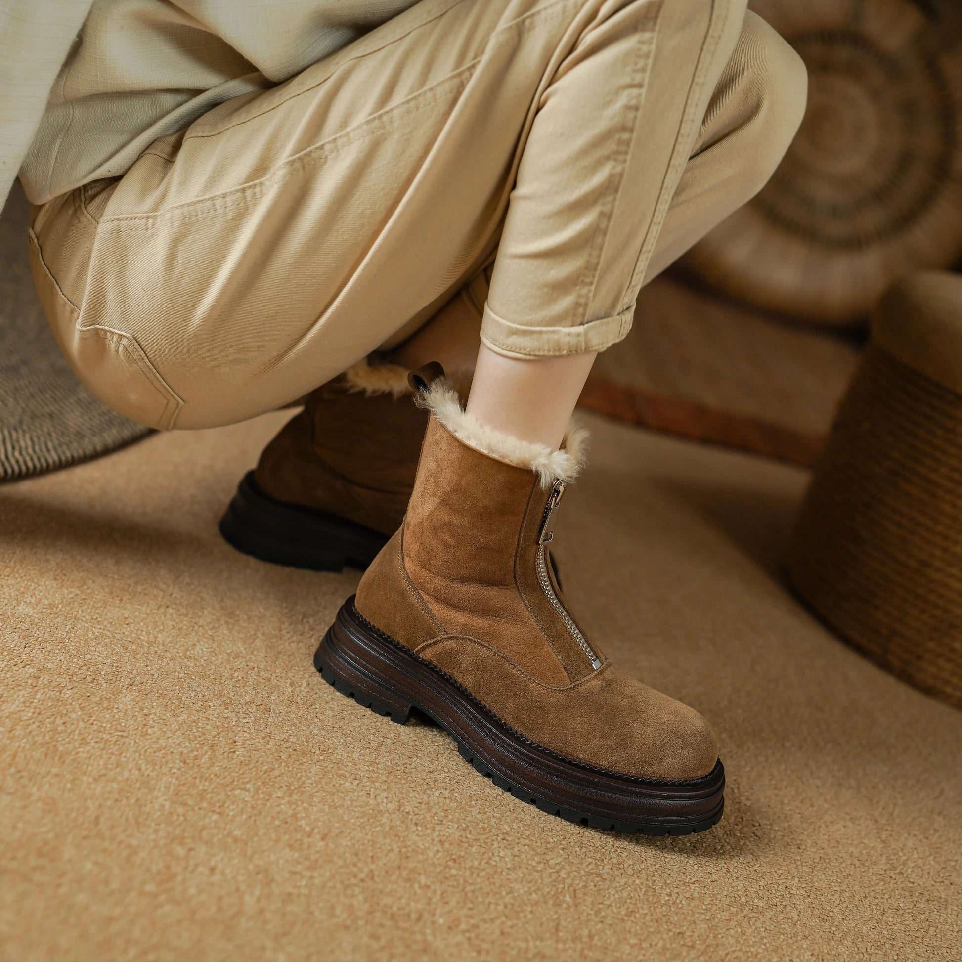 Cow Suede Round-Toe Winter Ankle Boots with Thick Fur Lining, Mid Heel with Front Zipper - Ghoddosh