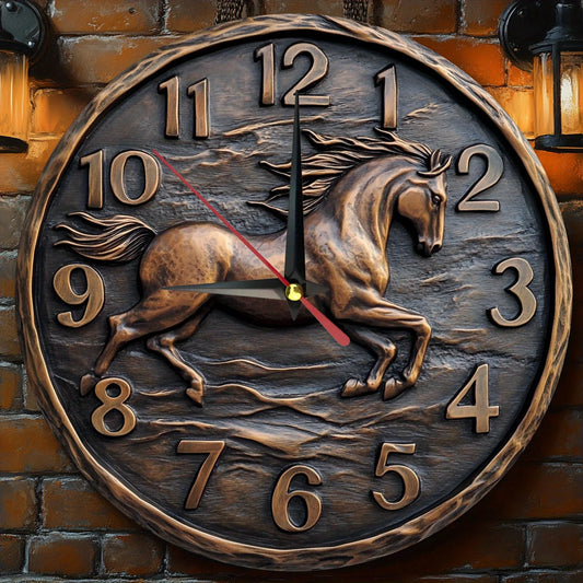 Wooden wall clock with a galloping horse design. - Ghoddosh