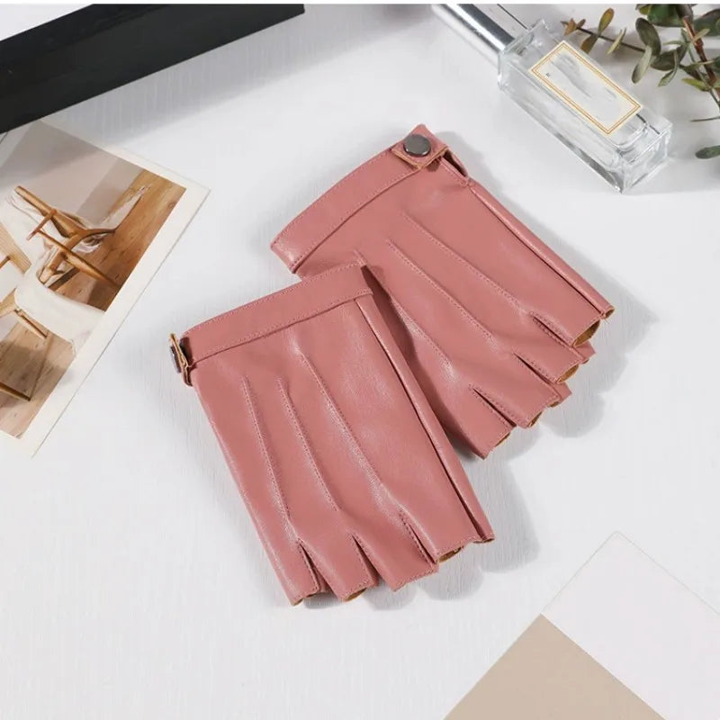 Women PU Leather Fingerless Gloves  Half Finger Outdoor Tactical Leather Gloves . Ghoddosh