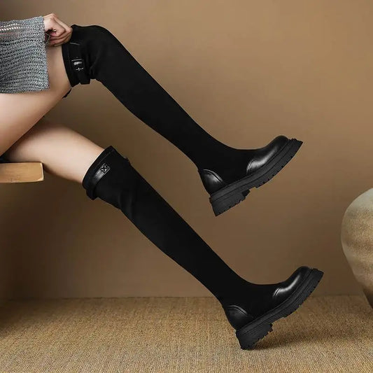 Microfiber Flock Chunky med Heels Round Toe Stretch Long Boots with buckles - Ghoddosh