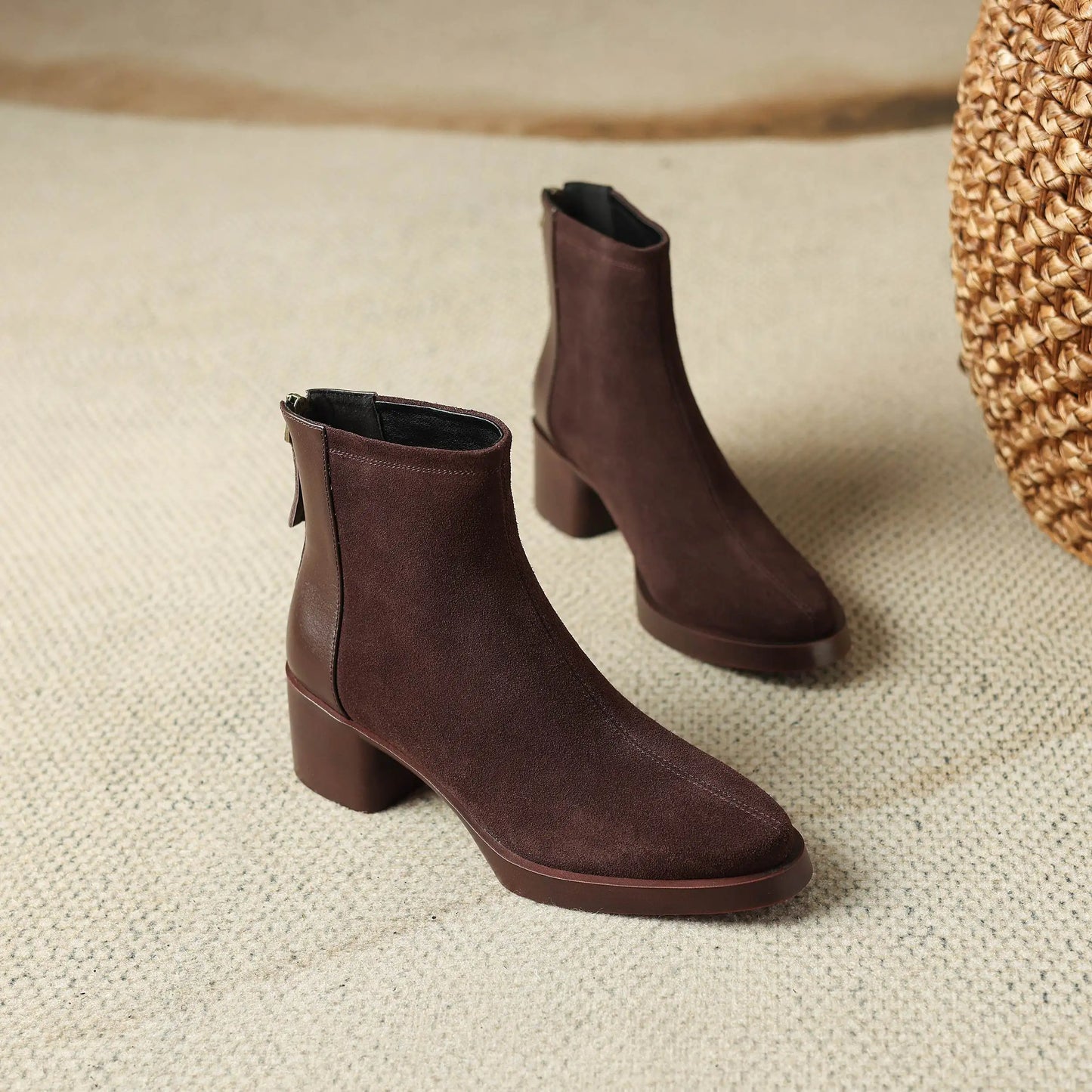Premium Equestrian Suede Ankle Boots — Plus Sizes 34–43, Square Toe Mid Heels, Warm Winter Comfort - Ghoddosh
